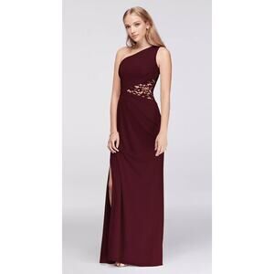 David’s Bridal Long Gown Dress NWT Womens Size 0 Burgundy One Shoulder Mesh Lace